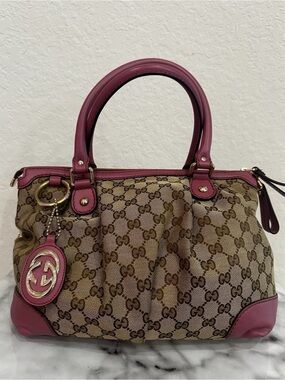 Authentic Gucci Brown GG Canvas Tote with Pink Leather Trim Pristine Condition